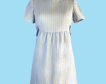 Vintage Mod 1960s Scooter Dress Textured Knit Blue Polka Dot M