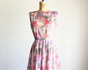 1960s Vintage Pastel Watercolor Floral Print Dusty Pink Party Dress S