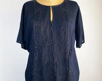 Vintage 1920s Black Silk Glass Beaded Art Deco Flapper Blouse M/L