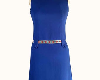 Vintage 1960s Mod Mini Dress Navy Blue Embroidered Shift Dress S