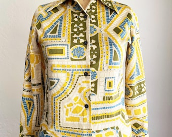 1970s Psychedelic Mosaic Print Top Button Down Shirt XS/S