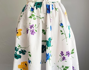 Vintage 1970s Abstract Floral Print White Cotton Skirt S
