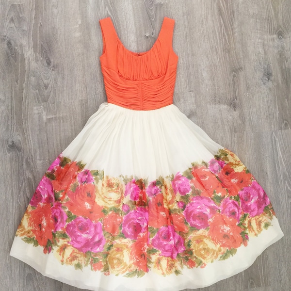Vintage 50s Party Dress Rose Print Chiffon White Orange Gathered Bodice Fit & Flare Dress XXS