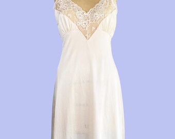 1960s Light Pink Lace Slip Dress Vintage Lingerie Nylon Nightie Sheer Trim Chemise M
