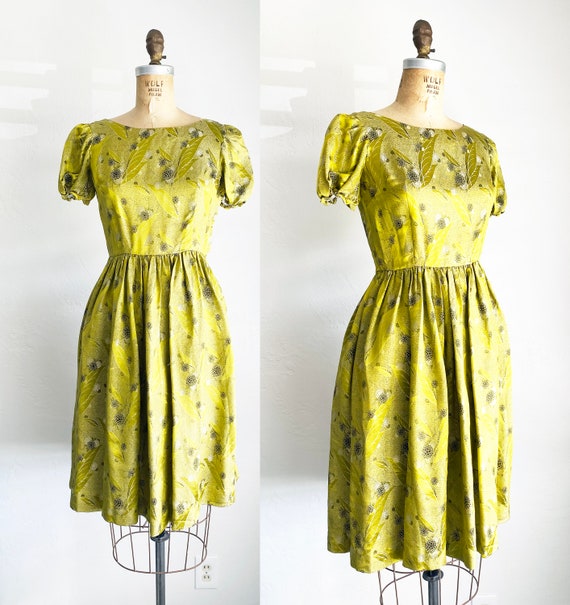 Vintage 1950s Silk Brocade Chartreuse Party Dress 