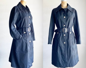 Vintage 1970s Black London Fog Belted Trench Coat Jacket M/L