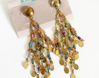 Vintage Gold Rainbow Beaded Dangle Chandelier Earrings