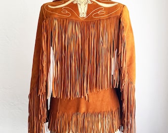 1940s - 1950s Suede Fringe Jacket Americana Geronimo Longhorn Steer Brown Leather Western Fashions xs/s