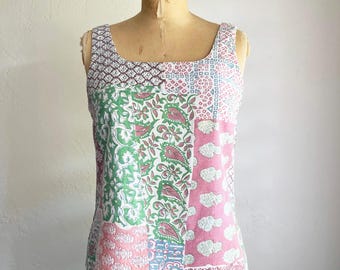 Vintage 1960s Mixed Patchwork Print Cotton Sleeveless Top M