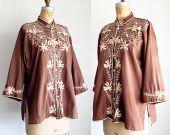 Vintage 1970s Floral Embroidered Shirt Jacket Boho Philippines L