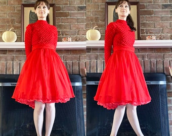 1950s Red Party Dress Long Sleeve Full Skirt Fit and Flare XS/S
