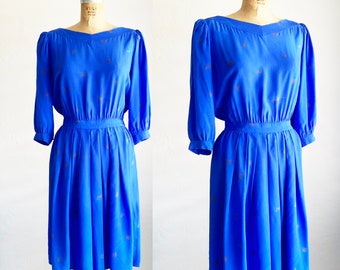 1980s Vintage Cobalt Blue Abstract Geometric Print Puff Sleeve Silk Dress S/M