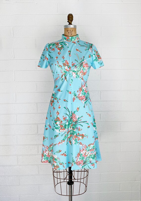 1970s Vintage Floral Print Mod Blue Dress Short S… - image 1