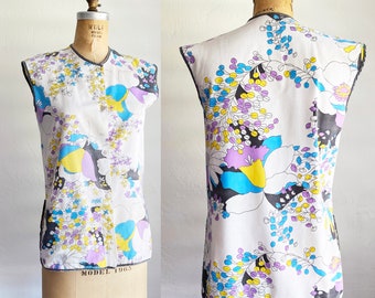 Vintage 1960s Mod Floral Print Artist's Smock Cotton Top S/M