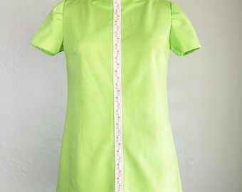 Vintage 1960s Mod Lime Green Mini Dress Sixties Embroidered Shift Dress S/M