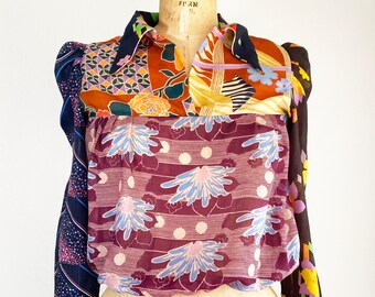 1970s Psychedelic Mixed Print Blouse Puff Sleeve Sheer Top Pointed Collar XS/S