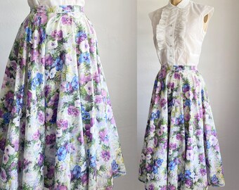 1950s Vintage Watercolor Floral Print Full Swing Circle Skirt XS/S 26"