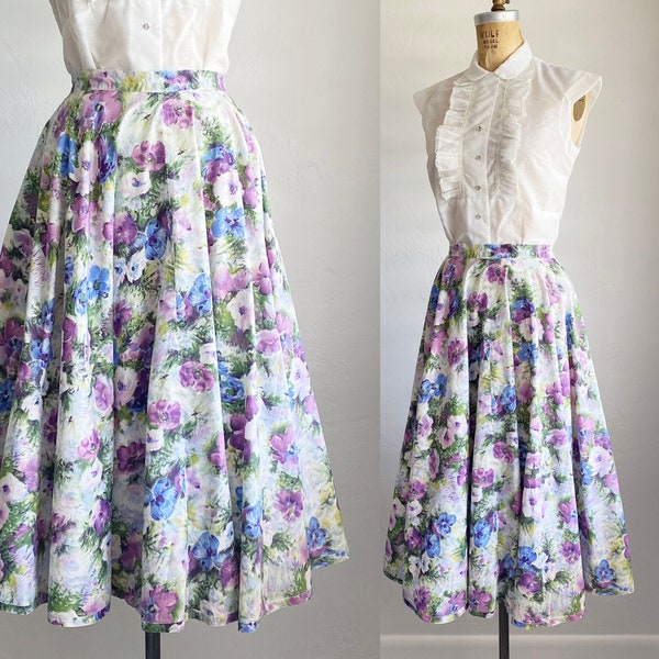 1950s Vintage Watercolor Floral Print Full Swing Circle Skirt XS/S 26"
