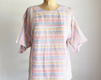 Vintage 1980s Pastel Striped Top Boxy T-Shirt L