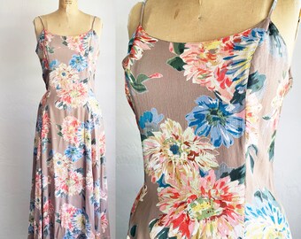 1980s Vintage Muted Floral Print Garden Party Midi Dress S/M