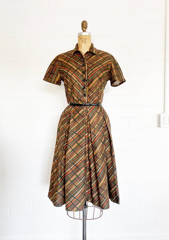 Vintage 1950s Shirtwaist Dress Earthtone Stripe Co