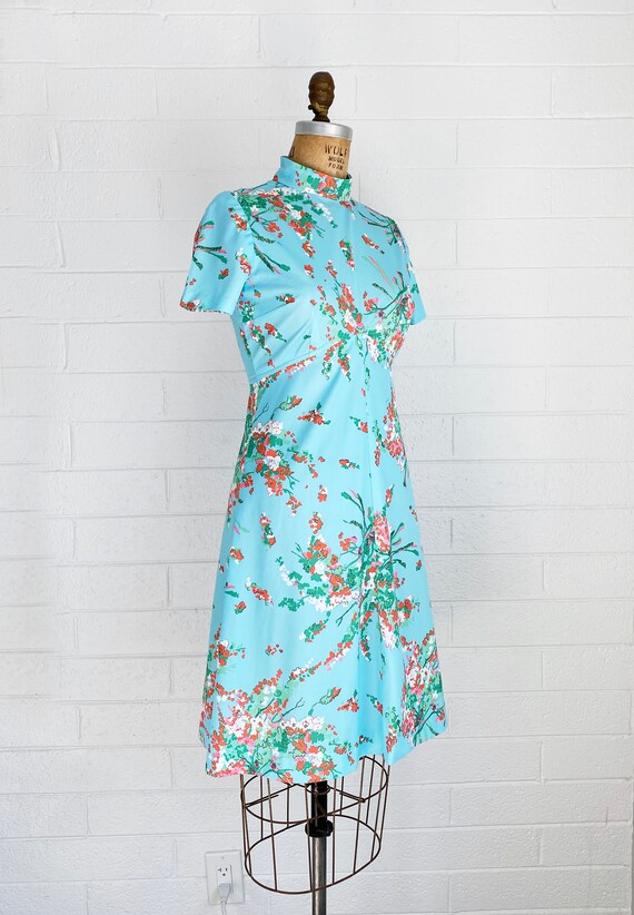 1970s Vintage Floral Print Mod Blue Dress Short S… - image 3