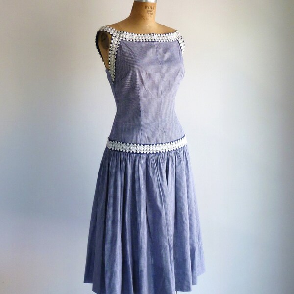 1950s Gingham Dress Blue White Lace Trim Bateau Vintage 1960s Dress S