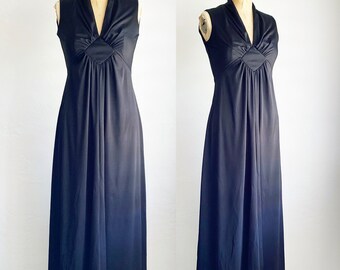 1970s Dress Vintage Black Sleeveless V-neck Draped Maxi Dress XS/S