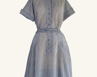 Vintage 1950s Sheer Navy Blue Gingham Fit & Flare Shirtdress XL