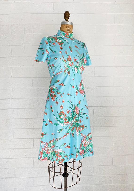 1970s Vintage Floral Print Mod Blue Dress Short S… - image 4