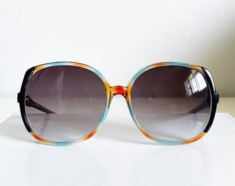 Vintage 1980s Blue Tortoiseshell Black Sunglasses Retro Oversized Frames