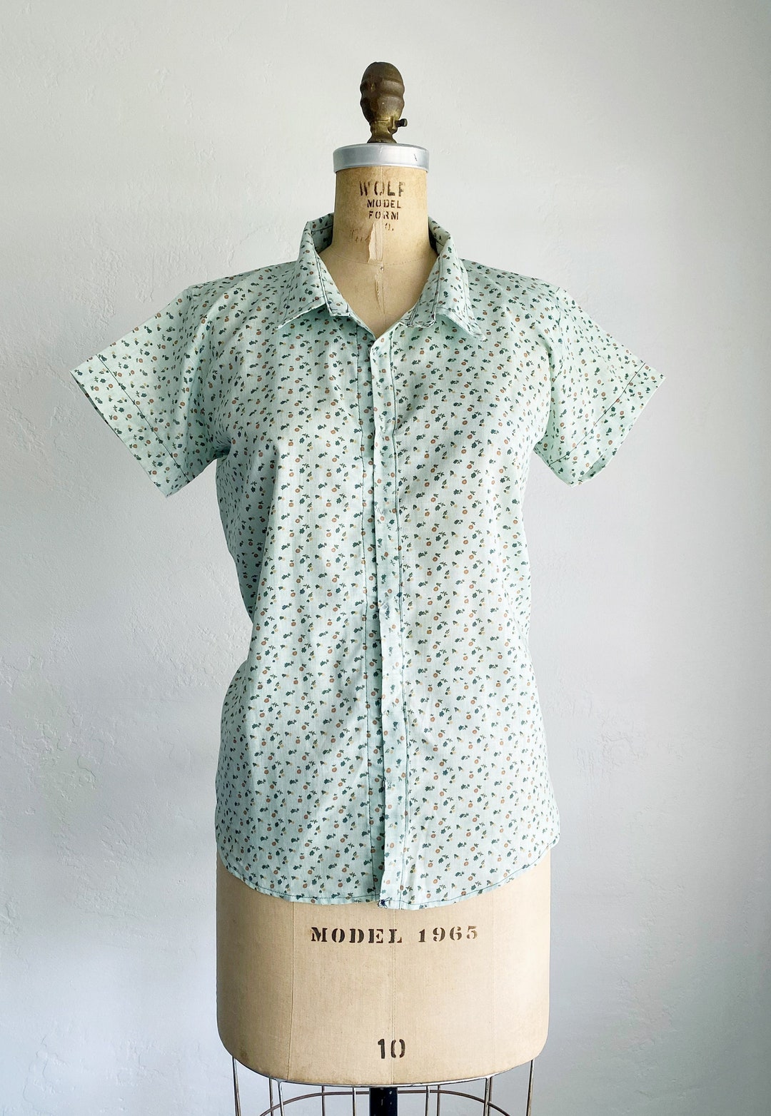 1960s Vintage Mint Cotton Short Sleeve Snap Button Collar Shirt L 