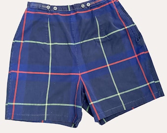 Vintage 1960s High-Waisted Windowpane Plaid Shorts Navy Blue S/M