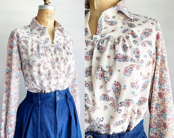 1970s Boho Vintage Blouse Mixed Floral Print Puff Sleeve M/L