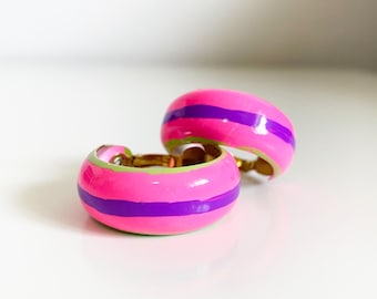 1960s Mod Hoop Earrings Clip-on Pink Stripe Hand-Painted MCM Jewelry