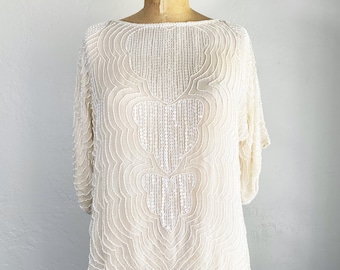 Vintage 1980s White Silk Sequin Beaded Blouse M/L
