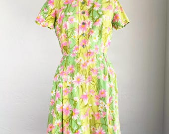 Vintage 1960s Lime Green Pink Floral Print Fit & Flare Shirt Dress M