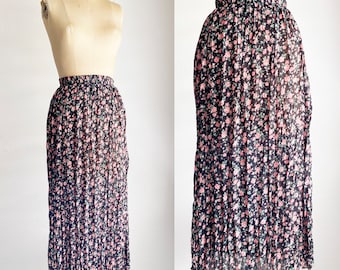 Vintage 90s Sheer Black and Pink Rose Print Midi Skirt XS/S