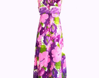 1960s Hawaiian Maxi Dress Purple Pink Hibiscus Floral Print S