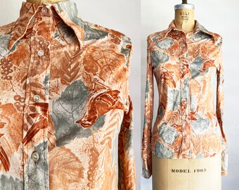 Vintage 1970s Autumn Leaves Bird Print Shirt Pointed Collar S/M