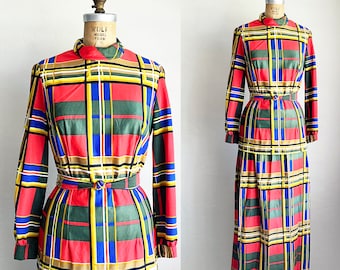 Vintage 1970s Rainbow Plaid Dress Set Top and Skirt Separates S/M