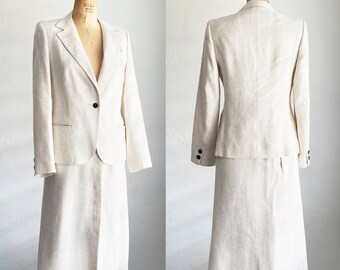 1970s Vintage Suit Jacket & Skirt Set Cream Herringbone Lillie Rubin XS