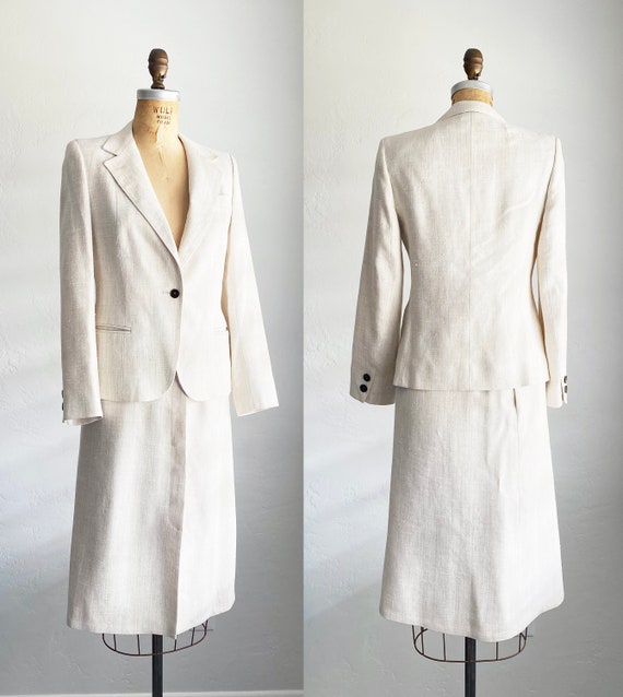 1970s Vintage Suit Jacket & Skirt Set Cream Herri… - image 1
