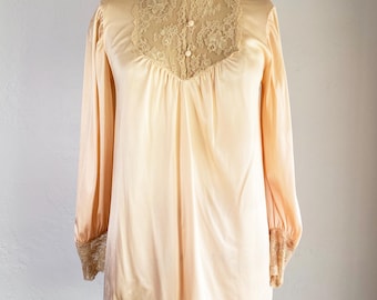 Vestido babydoll vintage de los años 60 con mangas de poeta, color melocotón, minivestido con ribete de encaje, talla S/M