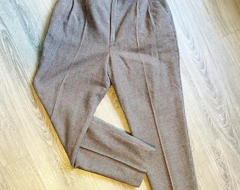 Pantalones vintage de tweed marrón de lana, estampado pata de gallo, inspirados en la moda masculina de los 80, estilo Diane Keaton S