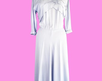 Vestido midi de rayón azul pálido drapeado, estilo años 80 con aires de los años 40, talla M/L