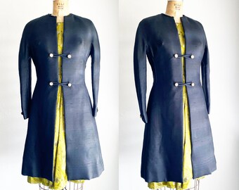 1960s Vintage Mam'selle Black Silk Shantung Jacket Mod Coat S/M