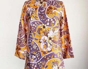 Robe mini vintage années 60, style Mod psychédélique, manches évasées orange et violettes, taille XS
