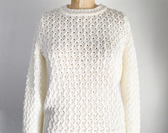 Suéter vintage de punto trenzado "Sweater Bee" color marfil, años 60 y 70, talla M