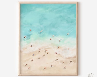 Summer Beach Watercolor Print, Aerial Coastal Scene, People Swimming by the Shore, Calm Ocean Wall Art